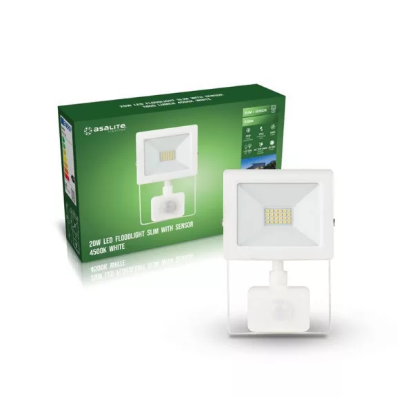 Asalite LED Fehér Reflektor Slim 20W 4500K (1800 lumen) + Mozgásérzékelő Szenzor Asalite LED Fehér Reflektor Slim 20W 4500K (1800 lumen) + Mozgásérzékelő Szenzor